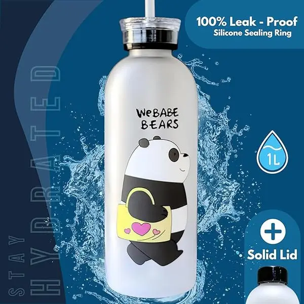 500ml Cute Panda & Bear Frosted Water Bottle with Straw | Cartoon Reusable Leak Proof Drinking Bottle for School Office Gym Travel Outdoor