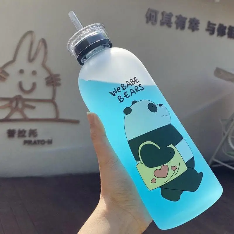 500ml Cute Panda & Bear Frosted Water Bottle with Straw | Cartoon Reusable Leak Proof Drinking Bottle for School Office Gym Travel Outdoor