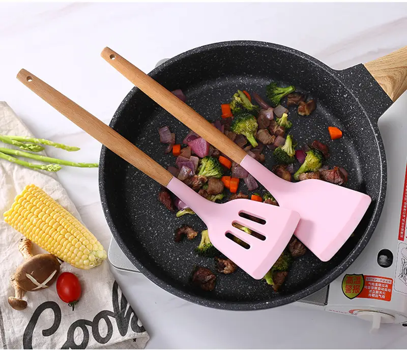 12 Pcs Silicone Cooking Utensils Set With Wooden Handles and Bucket BPA Free Spatula Set Kitchen Cookware Spoon Set Non-Toxic Kitchen Gadgets Tools Set - Heat Resistant - Nonstick