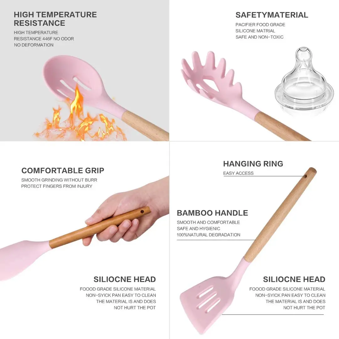 12 Pcs Silicone Cooking Utensils Set With Wooden Handles and Bucket BPA Free Spatula Set Kitchen Cookware Spoon Set Non-Toxic Kitchen Gadgets Tools Set - Heat Resistant - Nonstick