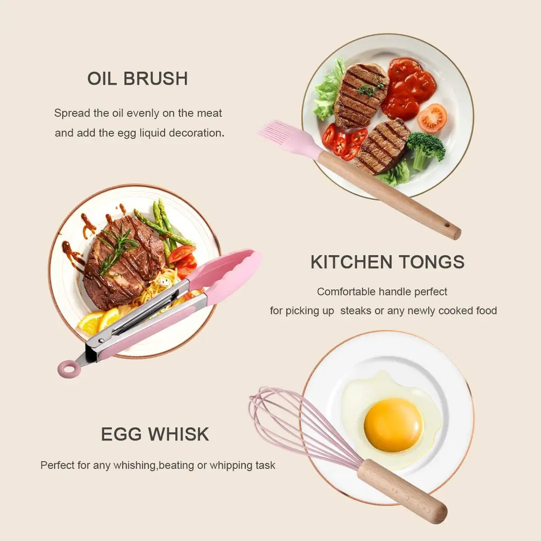 12 Pcs Silicone Cooking Utensils Set With Wooden Handles and Bucket BPA Free Spatula Set Kitchen Cookware Spoon Set Non-Toxic Kitchen Gadgets Tools Set - Heat Resistant - Nonstick