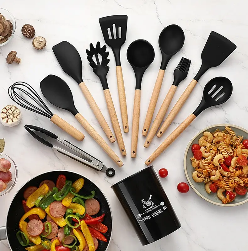 12 Pcs Silicone Cooking Utensils Set With Wooden Handles and Bucket BPA Free Spatula Set Kitchen Cookware Spoon Set Non-Toxic Kitchen Gadgets Tools Set - Heat Resistant - Nonstick