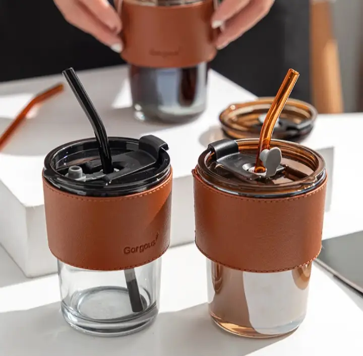 380ml Slub Glass Tumbler Cup - Straw, Lid & Leather Sleeve - Tumbler Drinkware Coffe Cup - Reusable Glass Cup