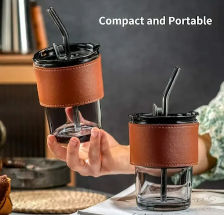 380ml Slub Glass Tumbler Cup - Straw, Lid & Leather Sleeve - Tumbler Drinkware Coffe Cup - Reusable Glass Cup