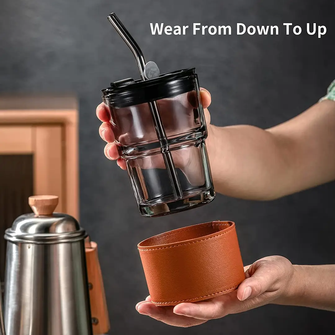 380ml Slub Glass Tumbler Cup - Straw, Lid & Leather Sleeve - Tumbler Drinkware Coffe Cup - Reusable Glass Cup
