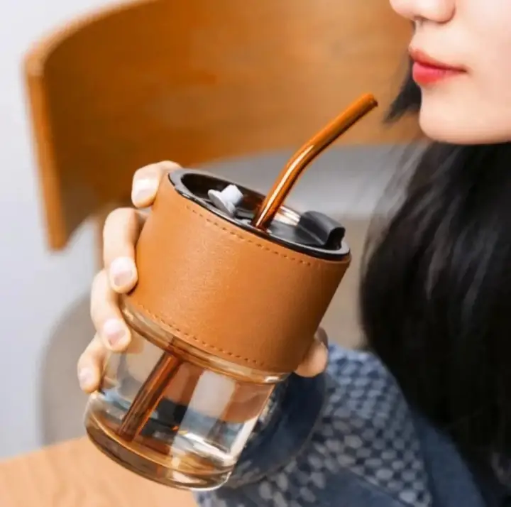 380ml Slub Glass Tumbler Cup - Straw, Lid & Leather Sleeve - Tumbler Drinkware Coffe Cup - Reusable Glass Cup