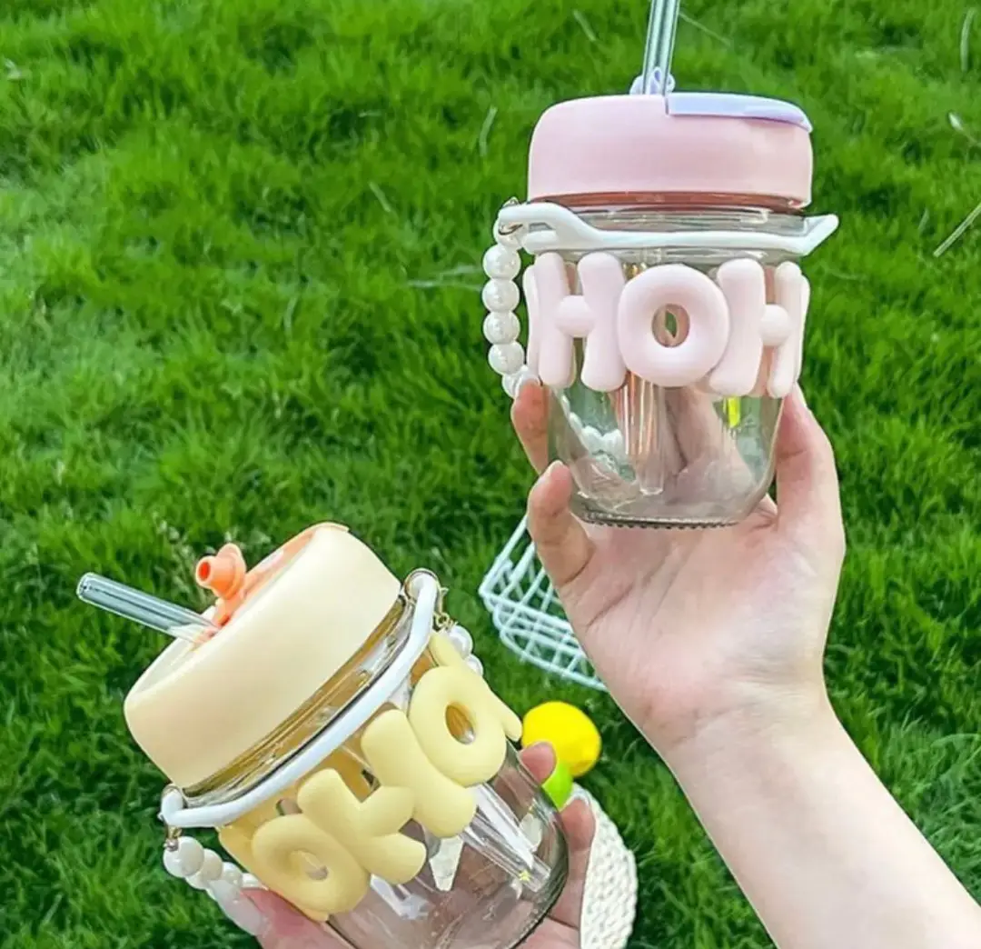 350ml 2 Way Drinking HOHO Aesthetic Glass Cup - Tumbler Glass Drinkware Bottle - Glass Tumbler Mug with Straw & Lid Silicon Sleeve - Hot and Cold Beverages
