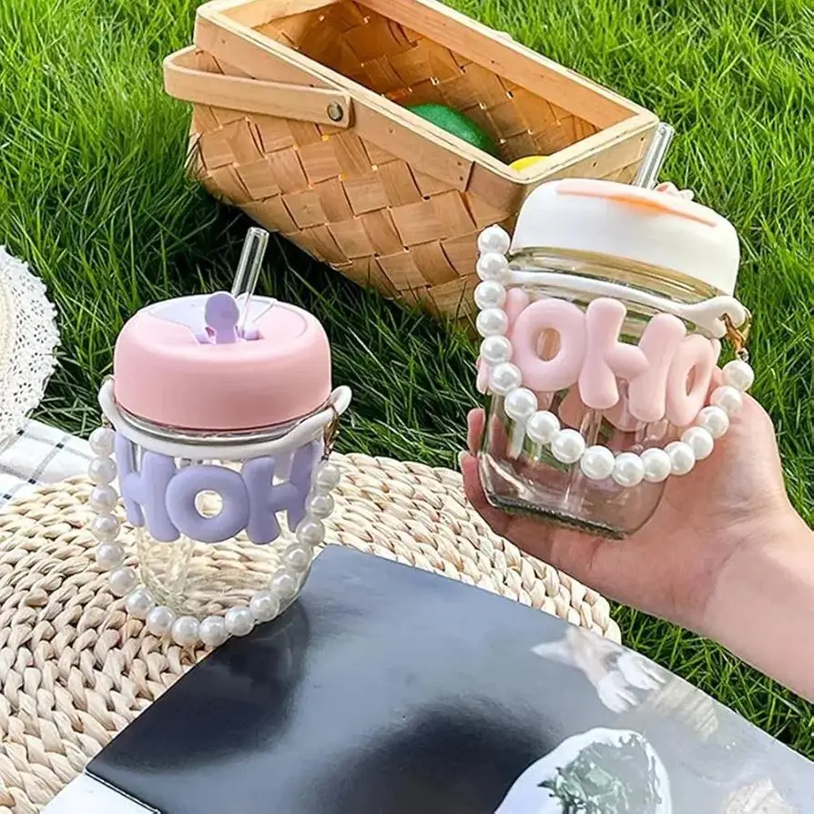 350ml 2 Way Drinking HOHO Aesthetic Glass Cup - Tumbler Glass Drinkware Bottle - Glass Tumbler Mug with Straw & Lid Silicon Sleeve - Hot and Cold Beverages