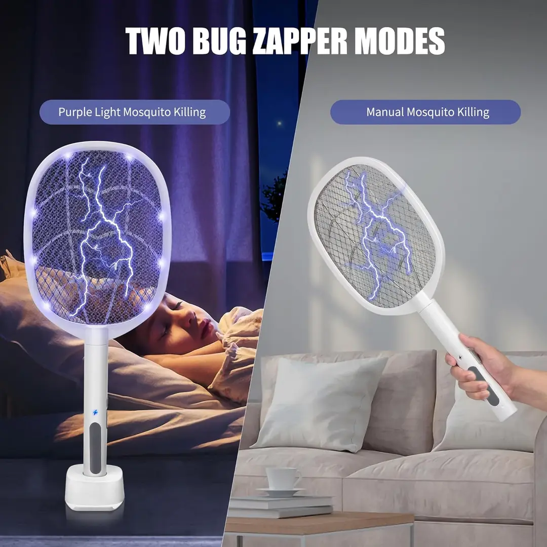 2 In 1 Electric Mosquito Racket Bat with UV Light – Foldable USB Rechargeable Fly Swatter | Insect Killer Bug Zapper with Long Lasting Lithium Battery