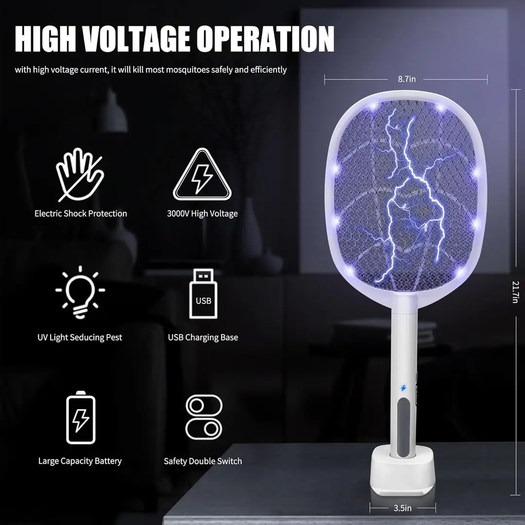 2 In 1 Electric Mosquito Racket Bat with UV Light – Foldable USB Rechargeable Fly Swatter | Insect Killer Bug Zapper with Long Lasting Lithium Battery