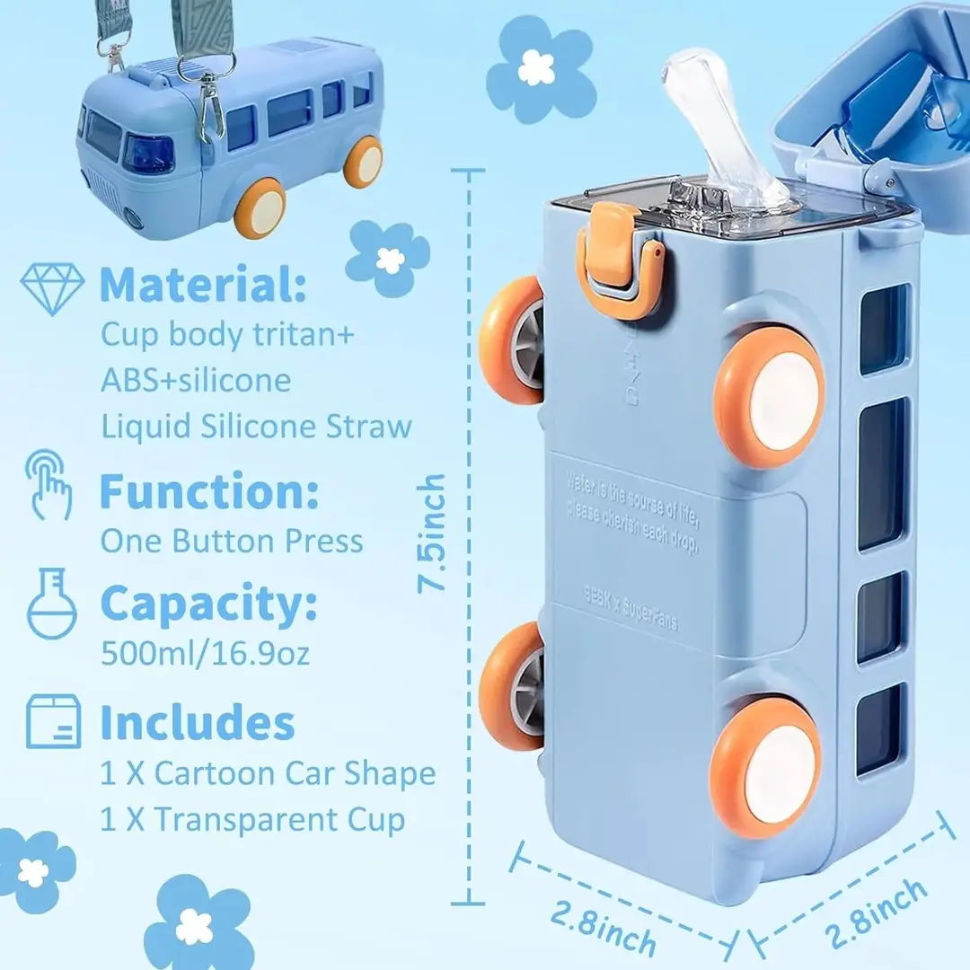 Imported 500ml Bus Shaped Water Bottle for Kids – BPA Free Sipper with Straw, Strap & Lock, Leakproof School Water Bottle for Girls & Boys