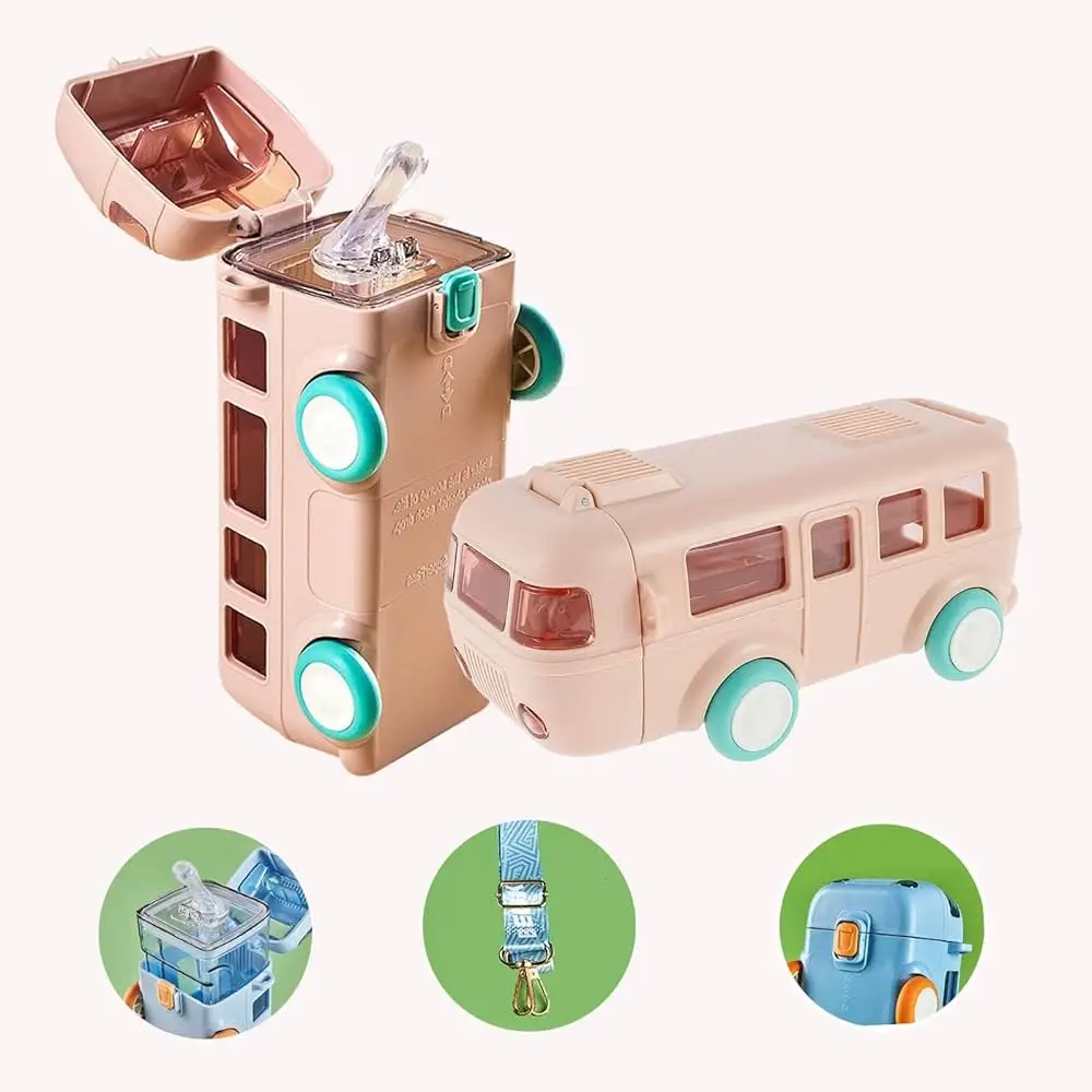 Imported 500ml Bus Shaped Water Bottle for Kids – BPA Free Sipper with Straw, Strap & Lock, Leakproof School Water Bottle for Girls & Boys