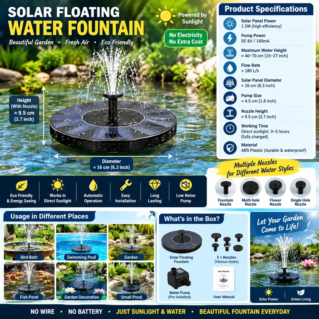 Solar Floating Water Fountain 1.5W | Automatic Floating Pond Fountain Pump | Bird Bath, Fish Pond, Swimming Pool & Garden Decoration Water Fountain