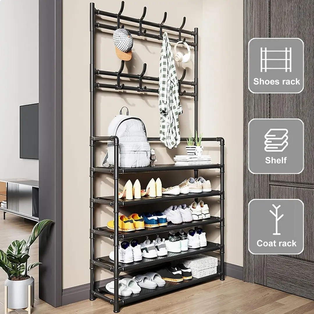 -Tier Metal Shoe & Coat Rack | Shoe Storage with Hanger