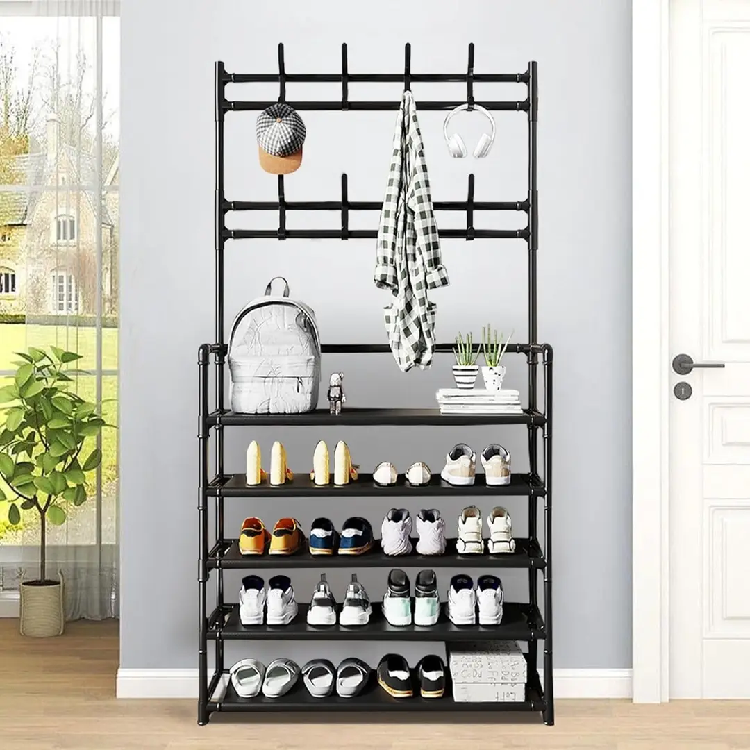 -Tier Metal Shoe & Coat Rack | Shoe Storage with Hanger