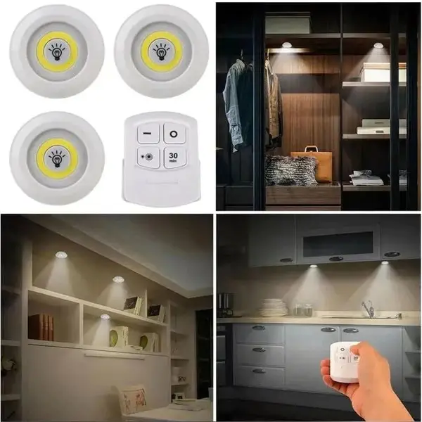 3 Pcs Tap LED Light with Remote Control – Battery Operated Wireless Push Lights for Cabinet, Wardrobe, Kitchen, Bedroom & Home