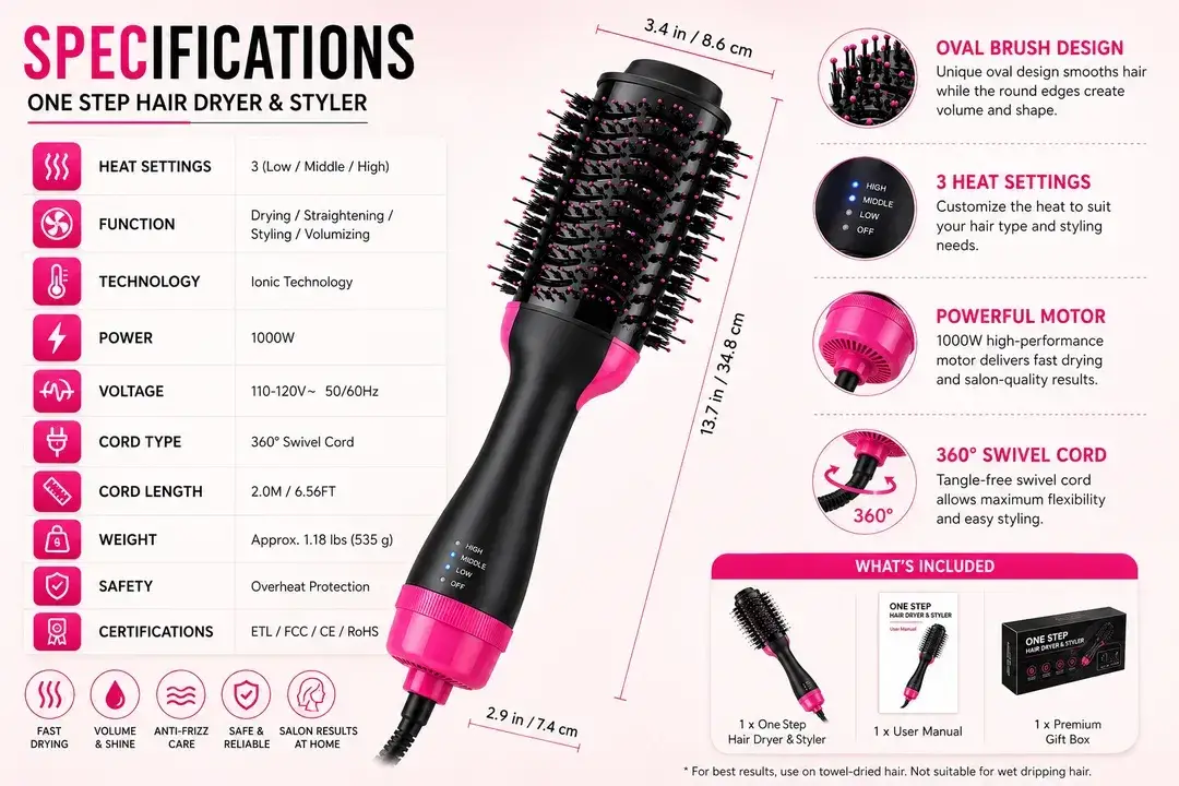 2 in 1 Hot Air Brush for Hair Drying and Styling