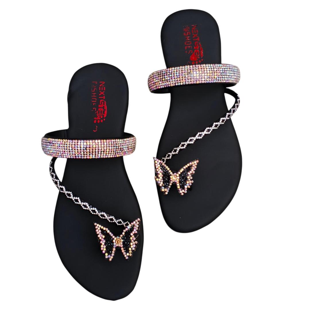 Black Rhinestone Butterfly Flats Women Size 6-10