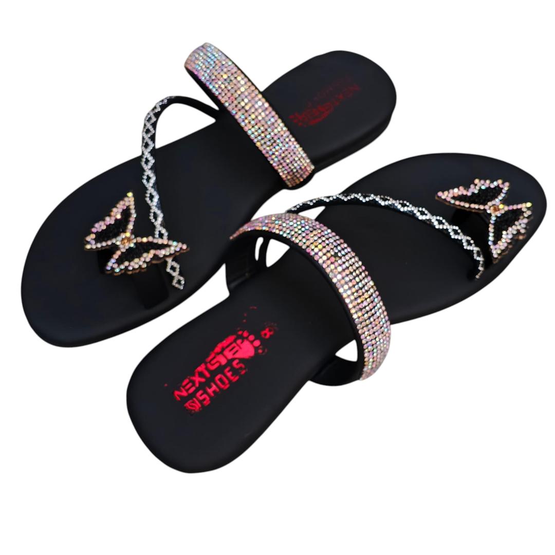 Black Rhinestone Butterfly Flats Women Size 6-10