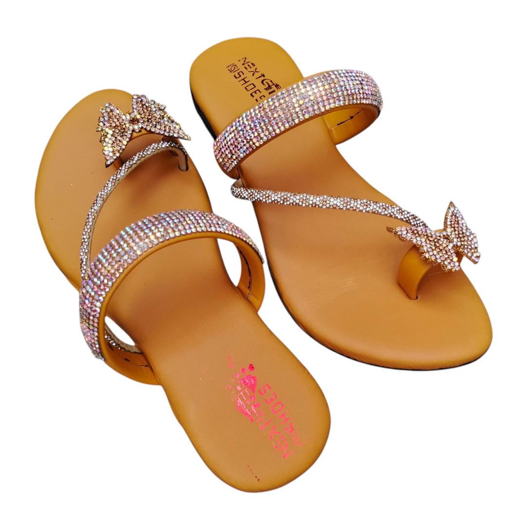 Women Rhinestone Butterfly Flats Yellow