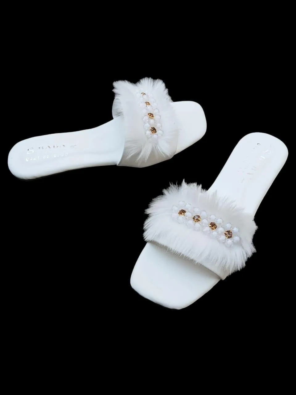 Women Synthetic Leather Rhinestone Slides White Size 6-10