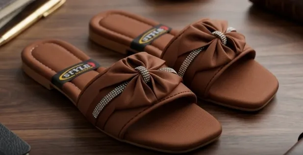 Women Brown Bow Flat Slippers with Rhinestone Strap