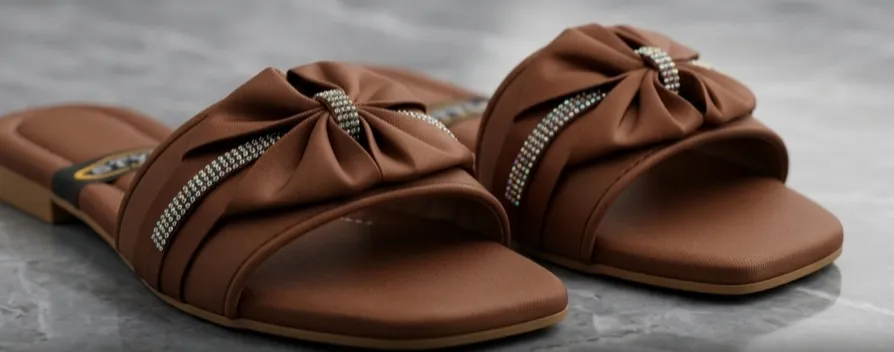 Women Brown Bow Flat Slippers with Rhinestone Strap