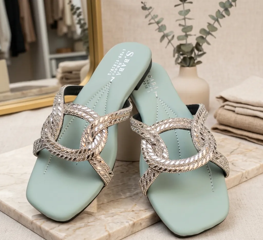 Mint Green Rhinestone Women's Flats Size 7-10 Synthetic Leather Formal Casual Party Wear