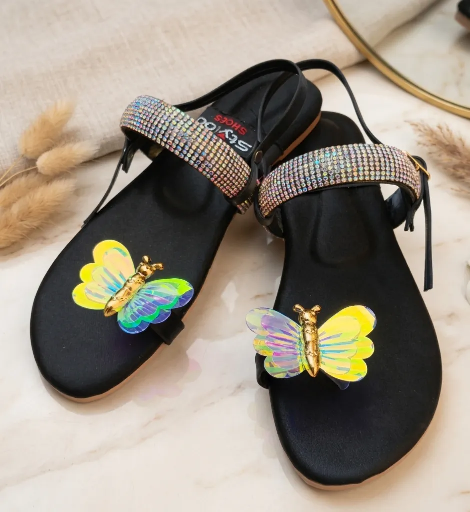 Women Butterfly Rhinestone Flat Sandals Black