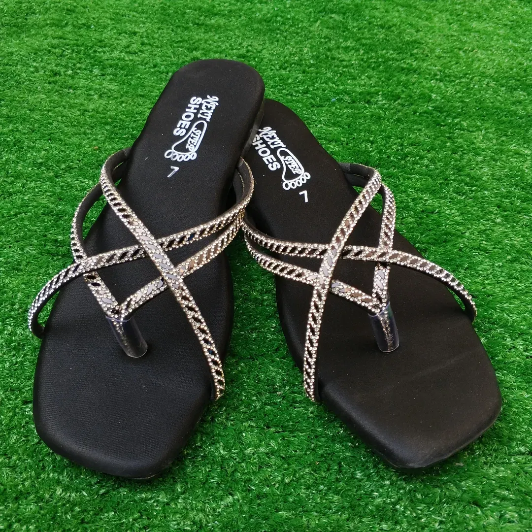 Women's Black Rhinestone Chain Strap Flat Sandals