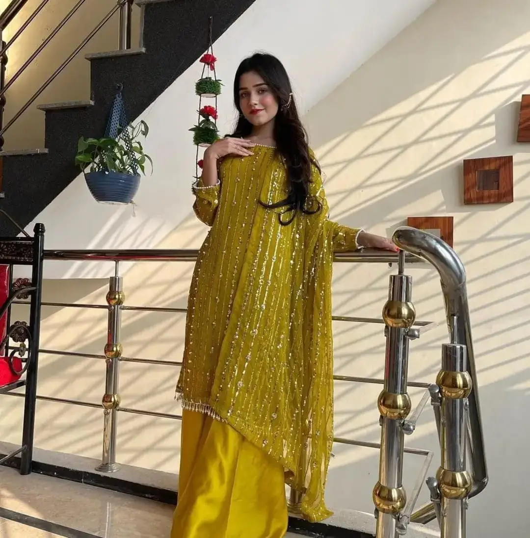 3 Pcs Women's Unstitched Sequins Embroidered Suit