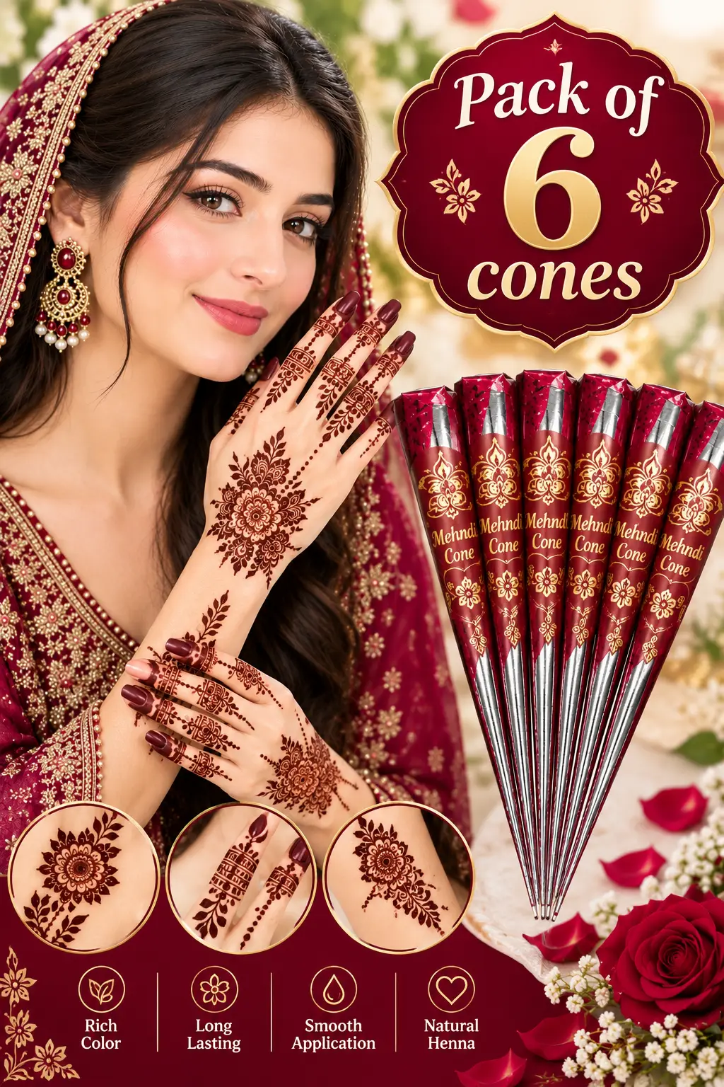 Red Mehndi Cone Party & Bridal, peel off Red Mehndi Pack 6 