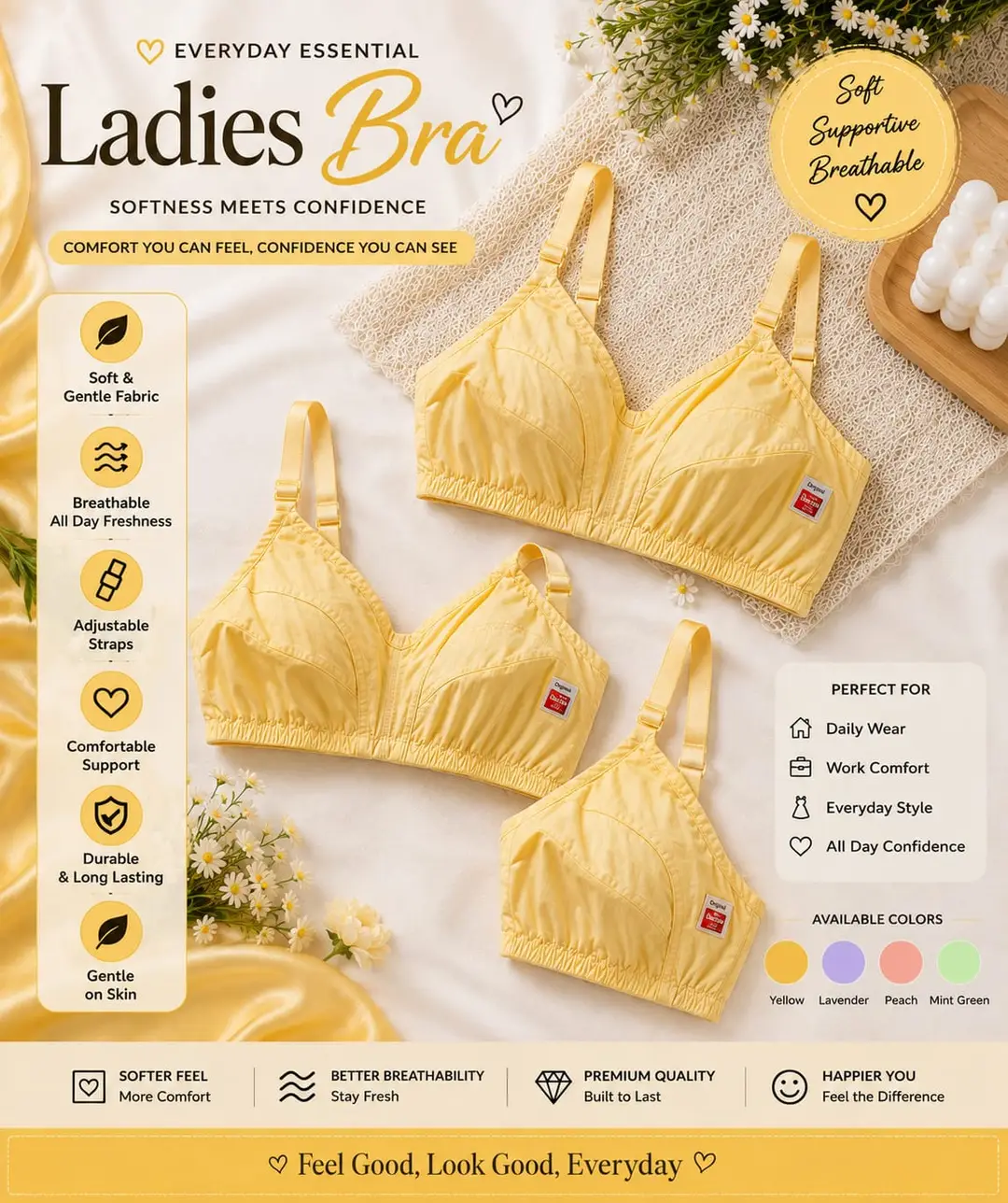 Set of three Cotton Plain Lightweight And Breathable Non-Padded Bra