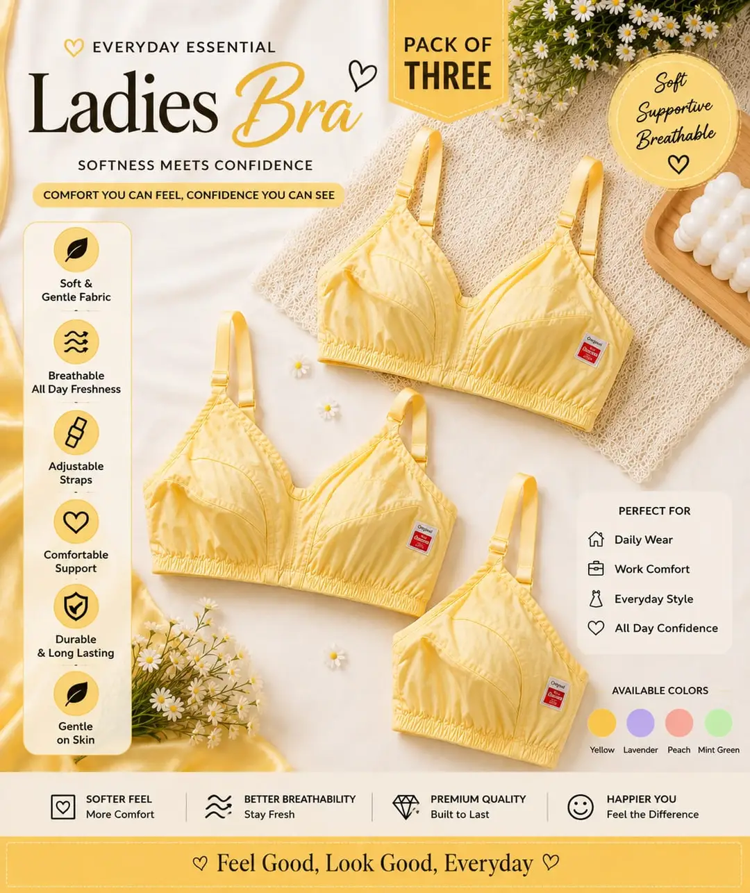 Set of three Cotton Plain Lightweight And Breathable Non-Padded Bra