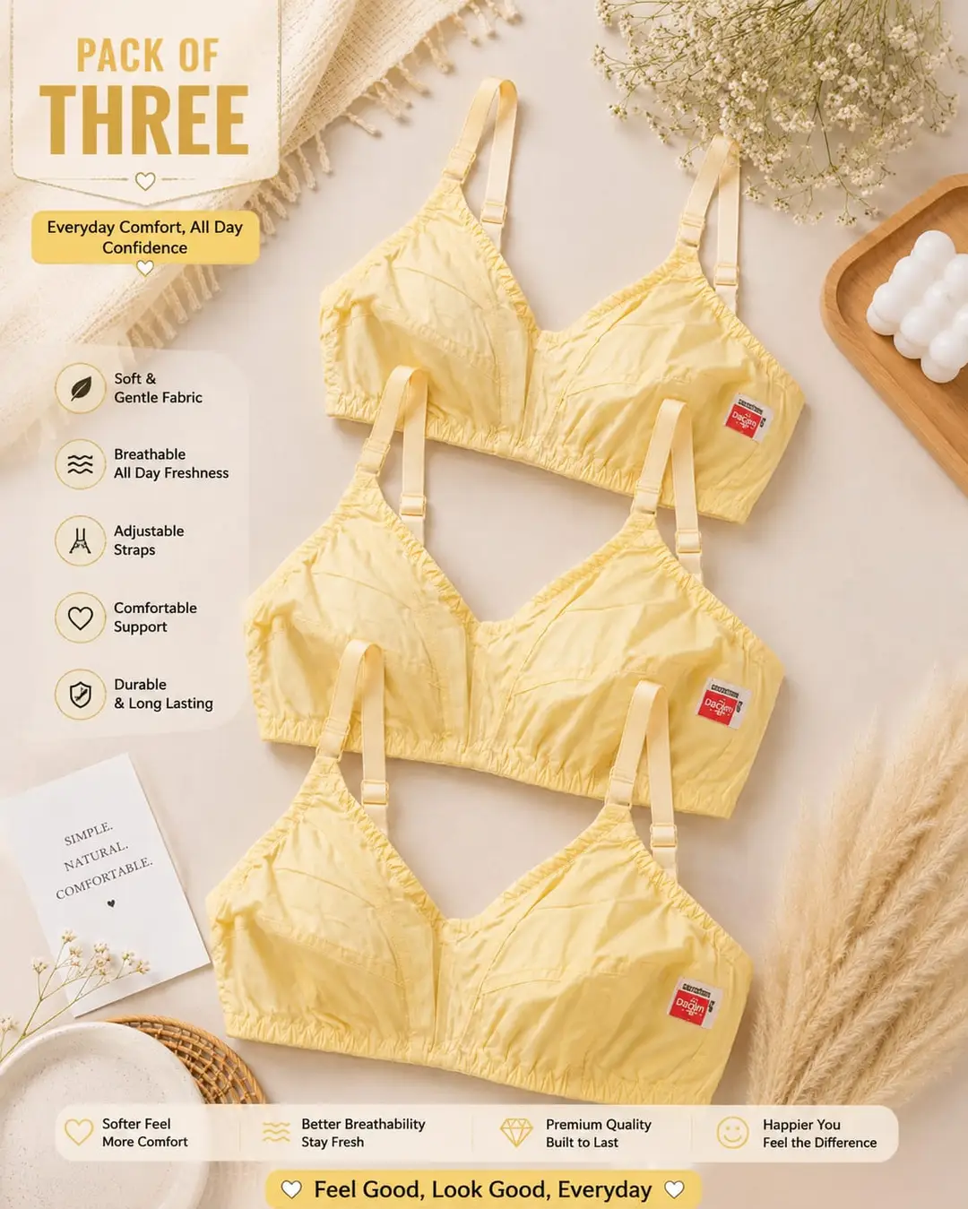 Set of three Cotton Plain Lightweight And Breathable Non-Padded Bra