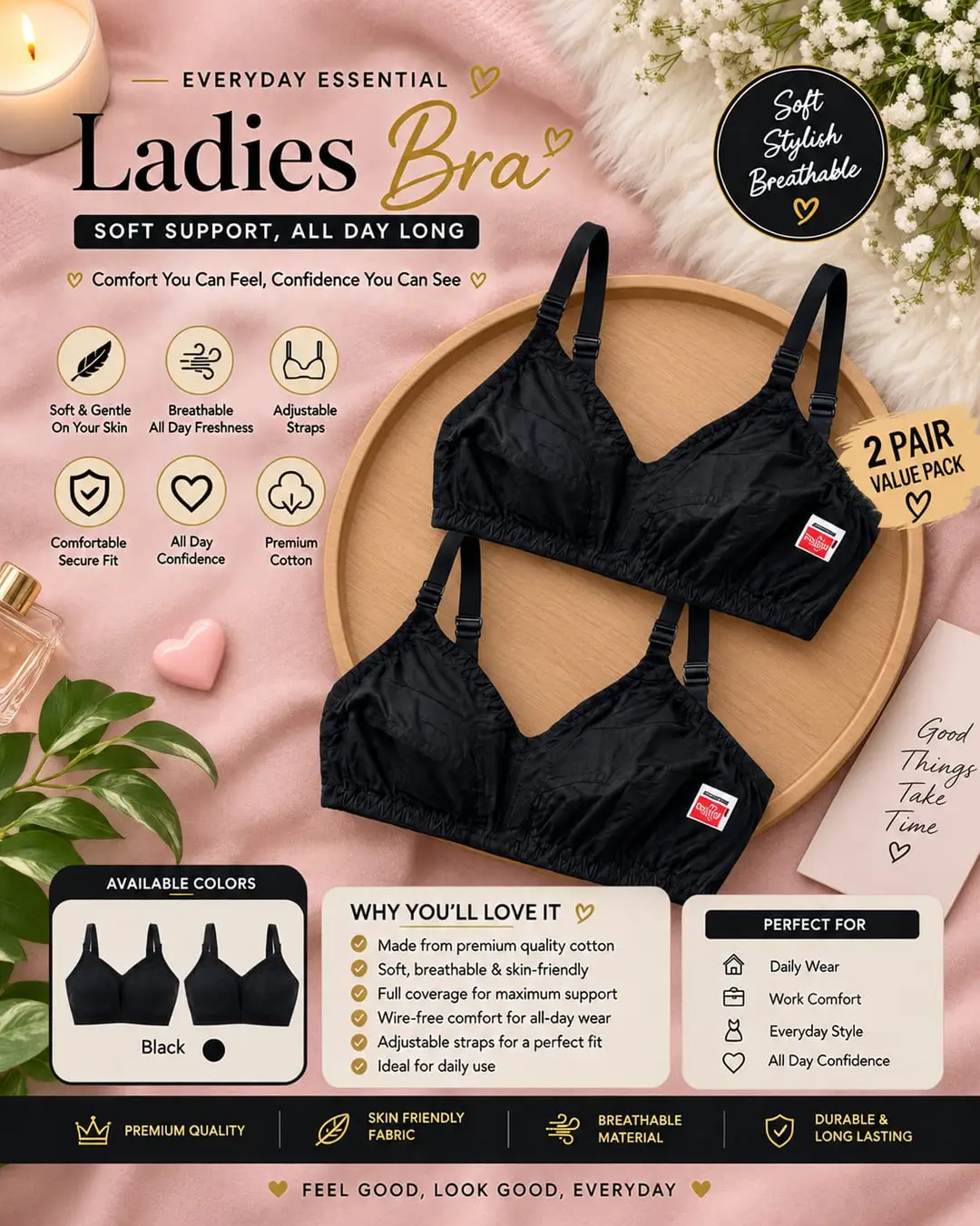 Set of two Cotton Plain Comfortable And Breathable Non-Padded Bra
