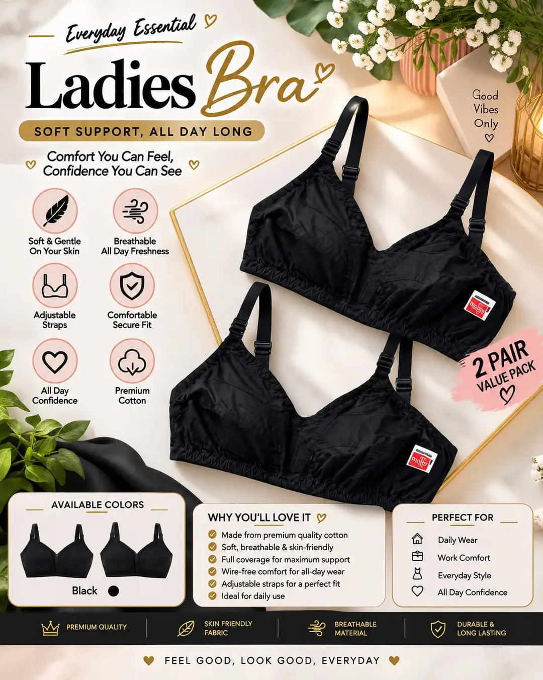 Set of two Cotton Plain Comfortable And Breathable Non-Padded Bra