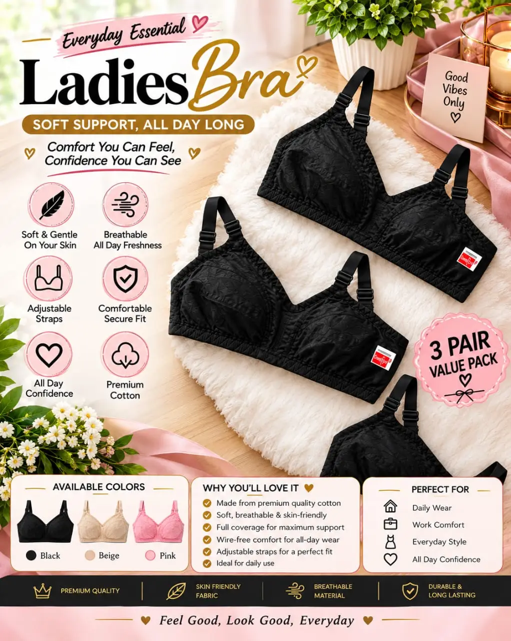 set of 3 Cotton Plain Comfortable&Lightweight Non-Padded Bra