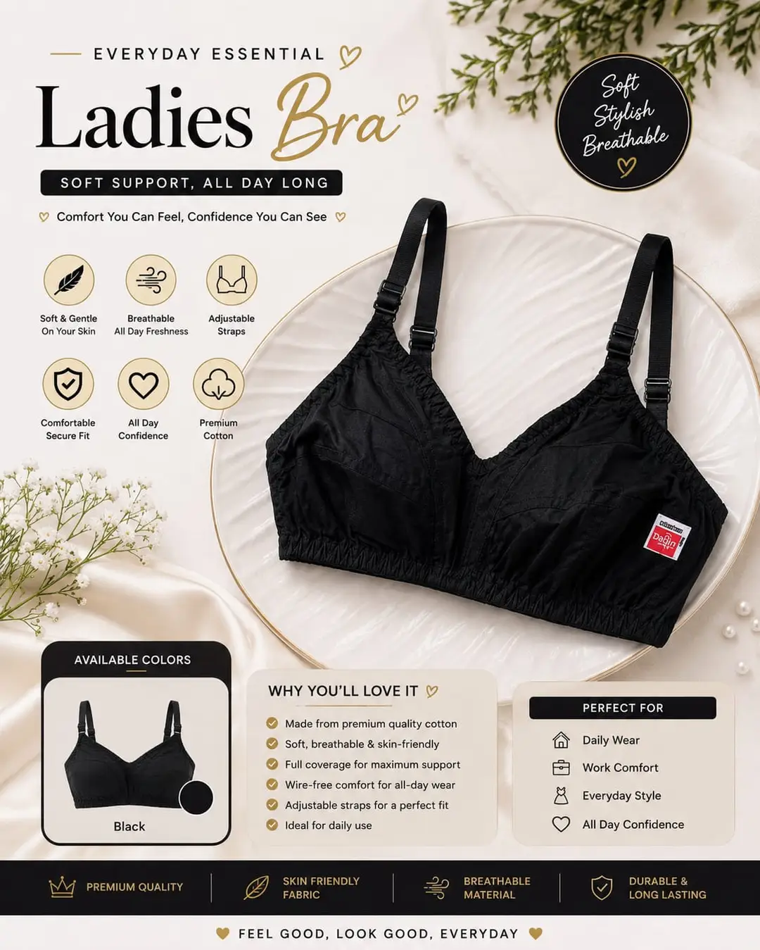 set of 3 Cotton Plain Comfortable&Lightweight Non-Padded Bra