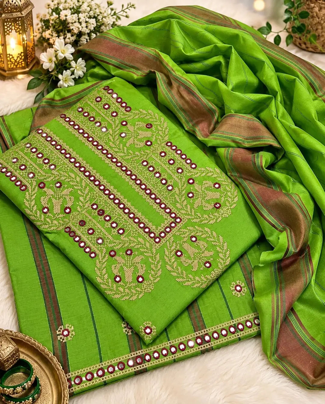 3 Pcs Women's Unstitched Sheesha Work Suit