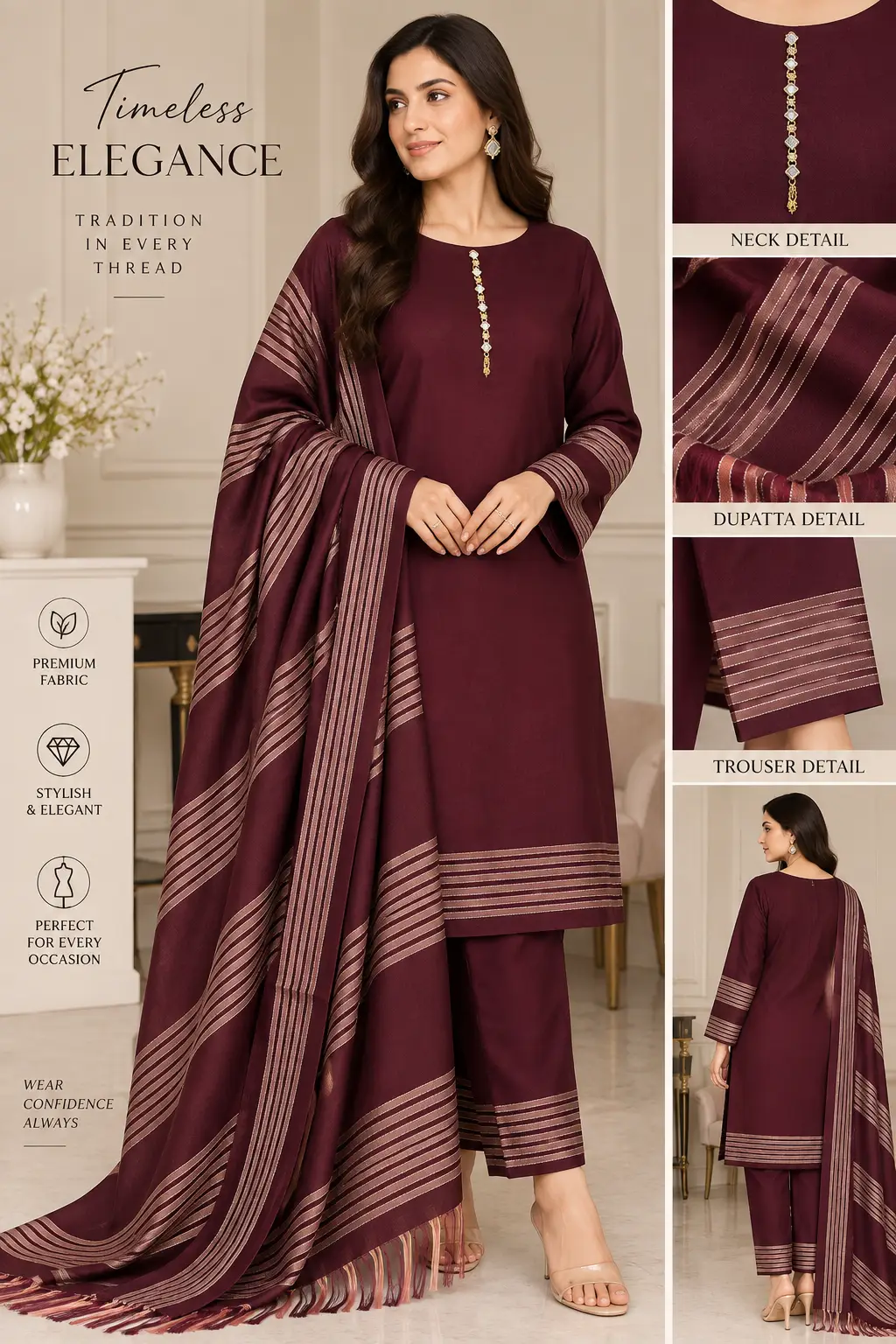 3 Pcs Women's Unstitched Plain Suit