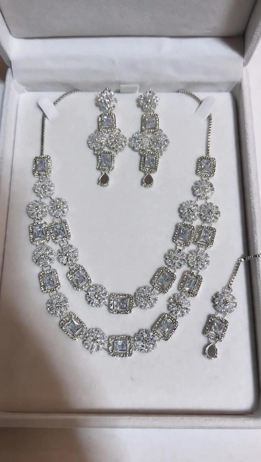 2 Layered Silver Plated Zircon Necklace Set