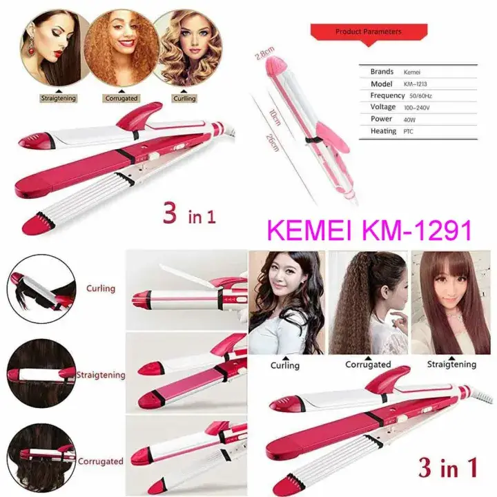 KM-1291 3-in-1 Ceramic Hair Straightener Curler Styler
