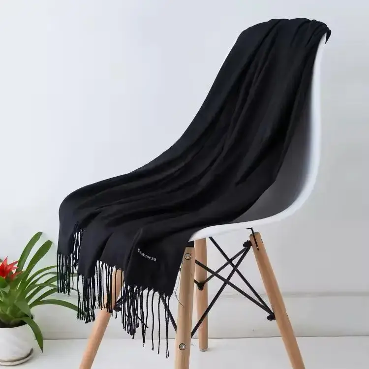 Women's Cashmere Wool Plain Shawl - Black