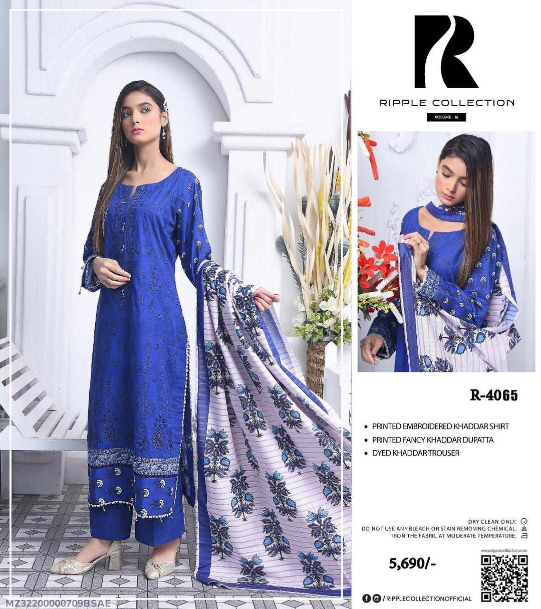 Royal Blue Embroidered Khaddar Suit for Women Winter Wear