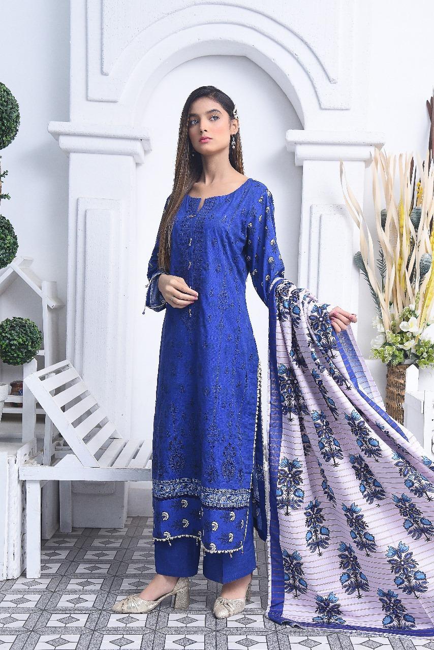 Royal Blue Embroidered Khaddar Suit for Women Winter Wear