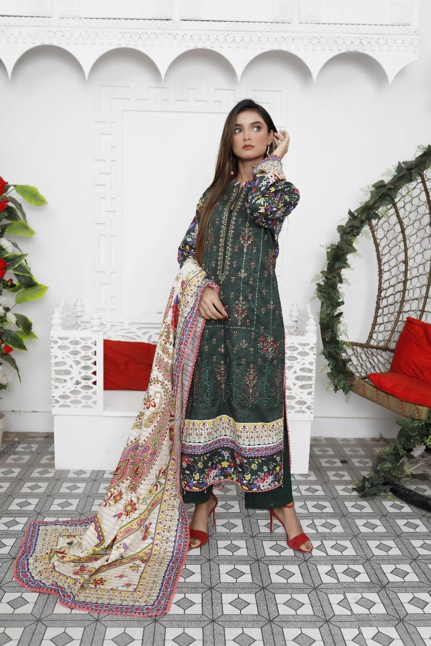 Green Khaddar 3-Piece Suit for Women Wedding Party Wear