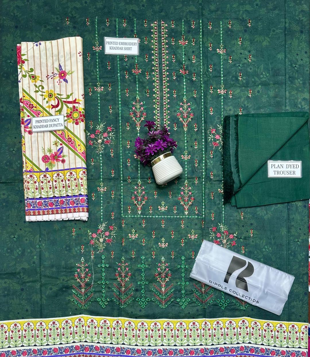 Green Khaddar 3-Piece Suit for Women Wedding Party Wear