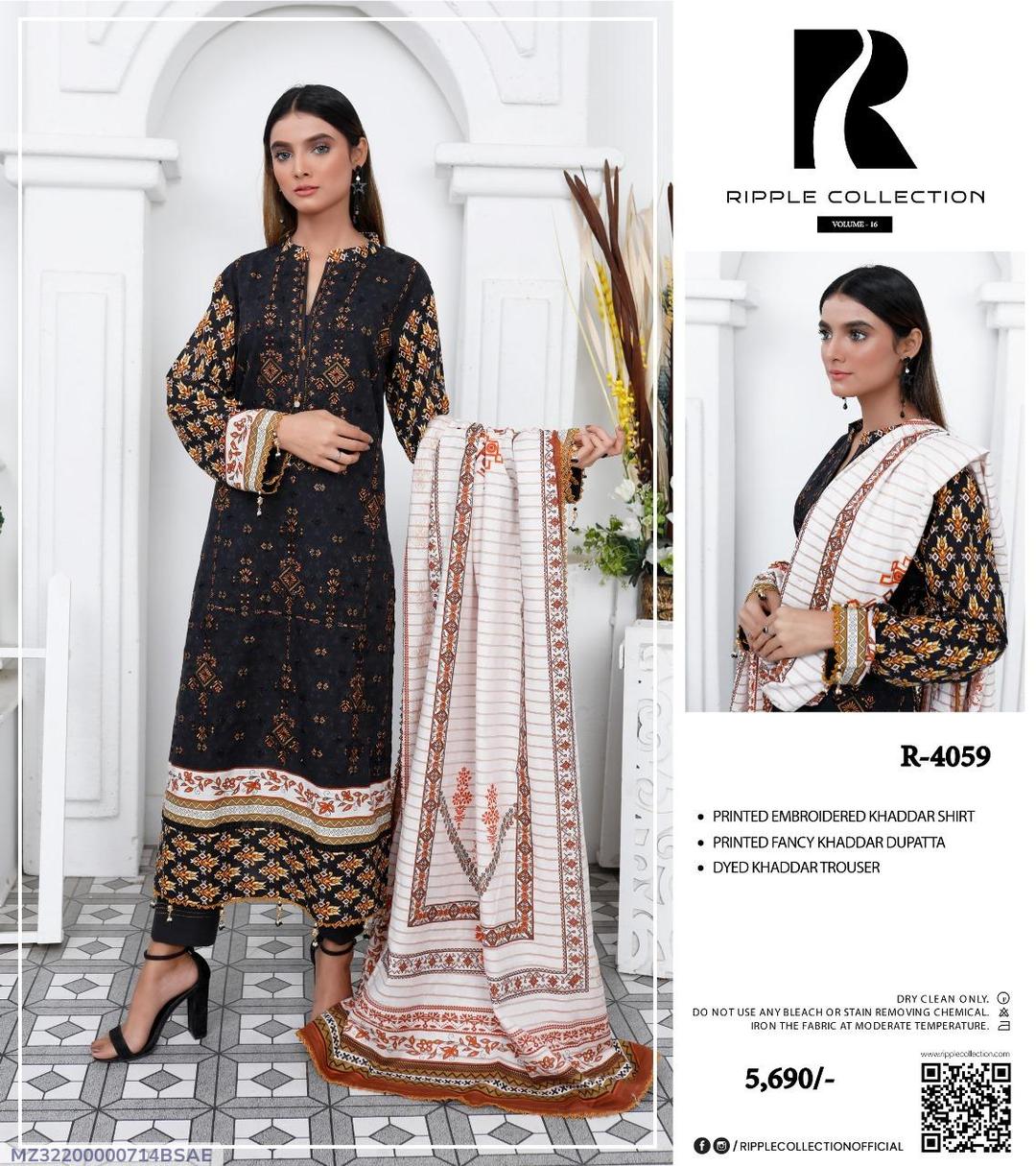 Black Khaddar 3-Piece Suit for Women Winter Party Wear