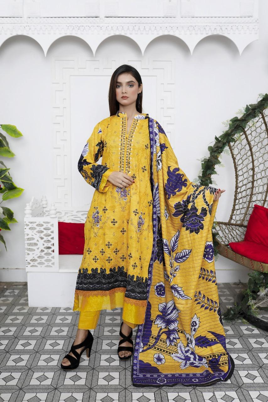 Unstitched Khaddar Suit Yellow Purple Floral Embroidery